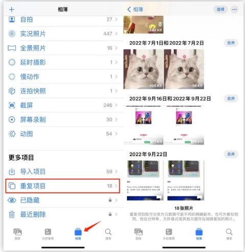 涪陵苹果手机维修分享iOS 16 中相册重复项目功能使用方法 