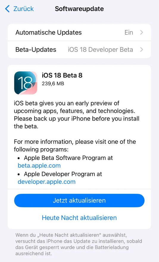 涪陵苹果手机维修分享苹果 iOS / iPadOS 18 开发者预览版 Beta 8 发布 